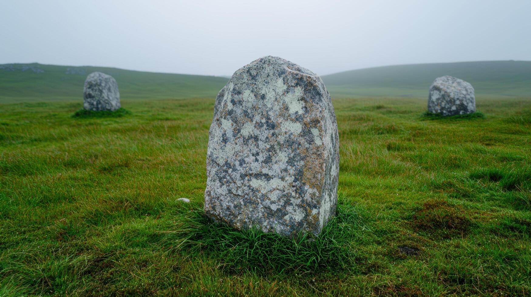 Standing stones in a green field on a misty day photo