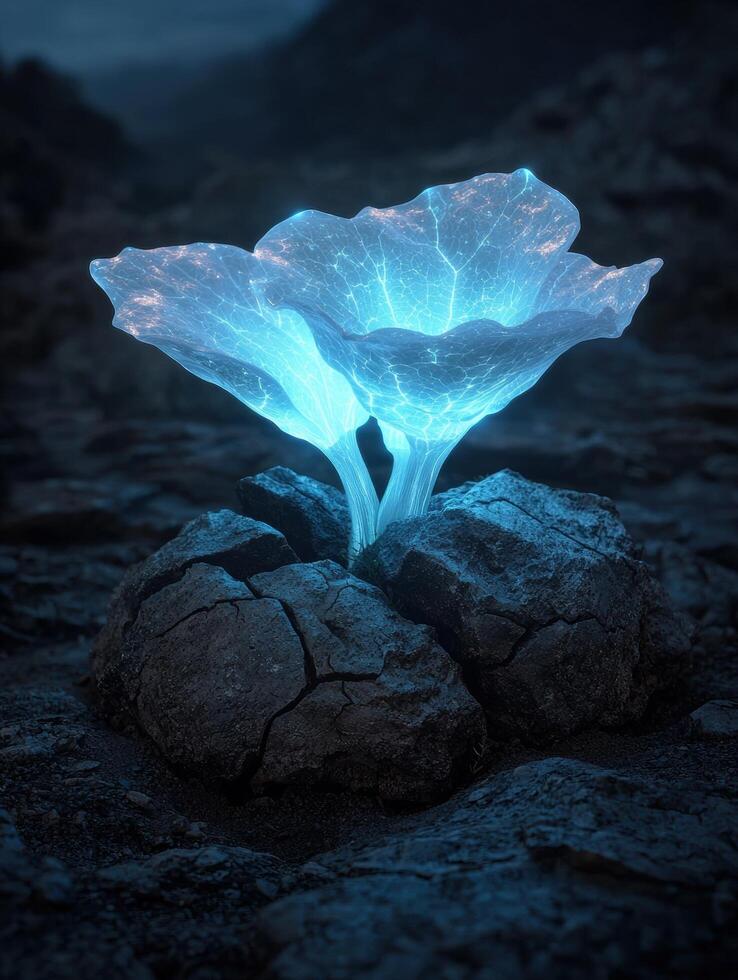 Glowing blue flower growing from rocks photo
