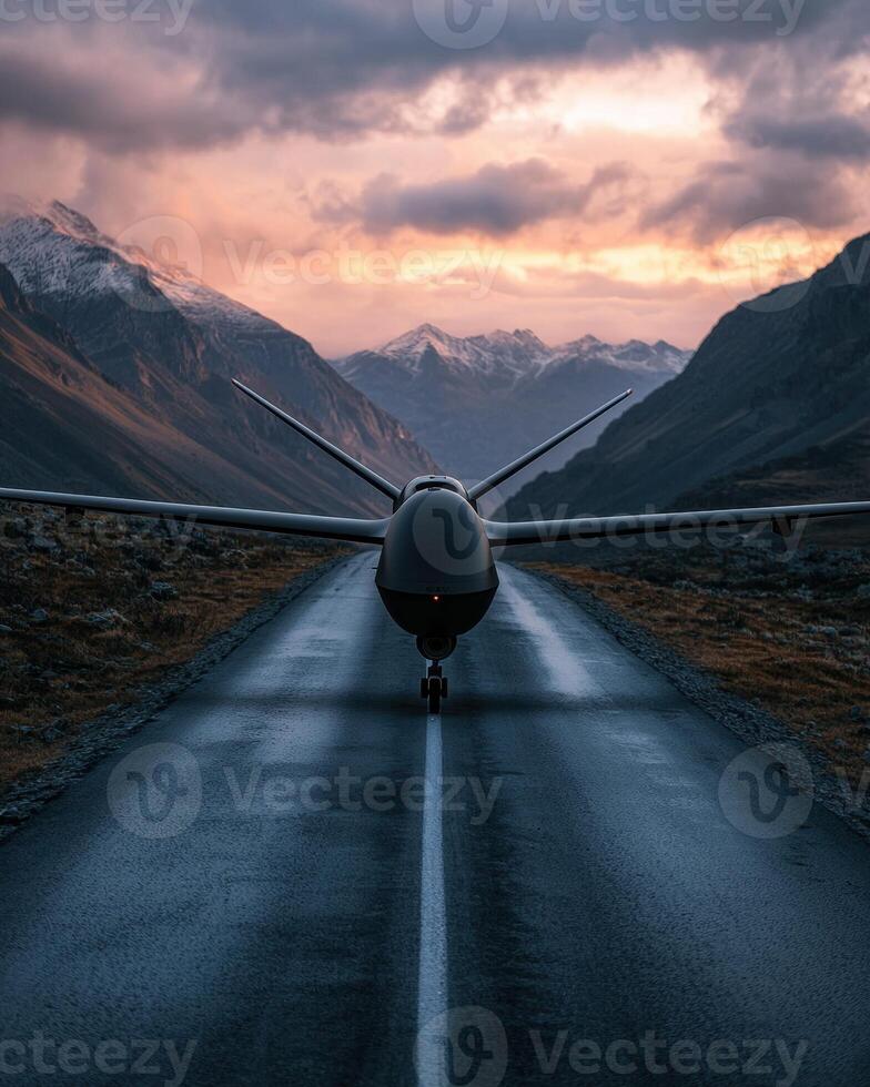 Drone on a runway in mountainous landscape at sunset photo