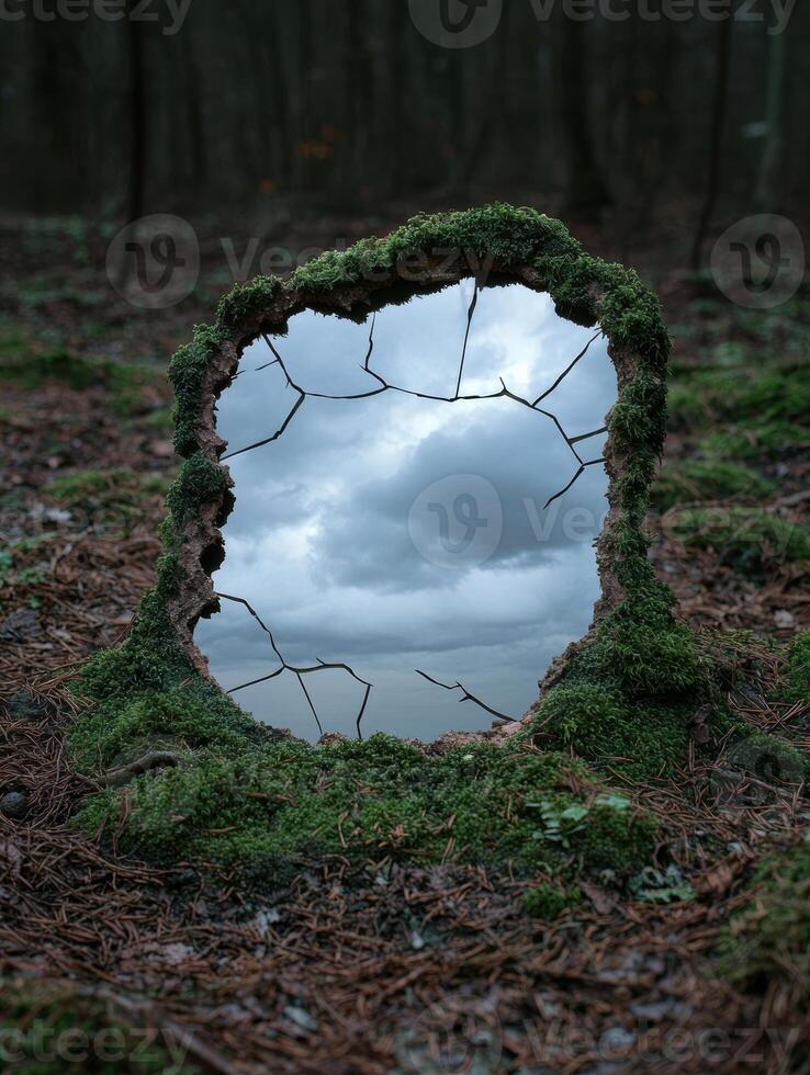 A moss covered mirror reflects the sky in a forest setting photo