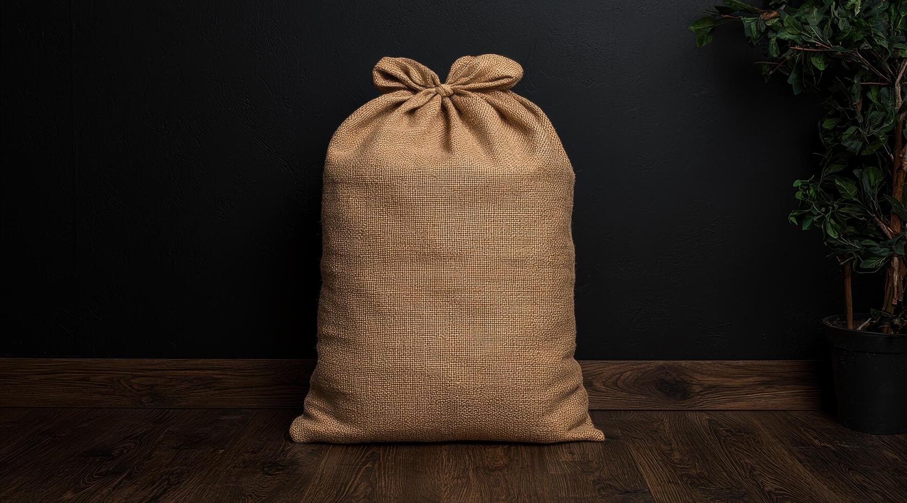 A burlap sack full of goods on a wooden floor photo