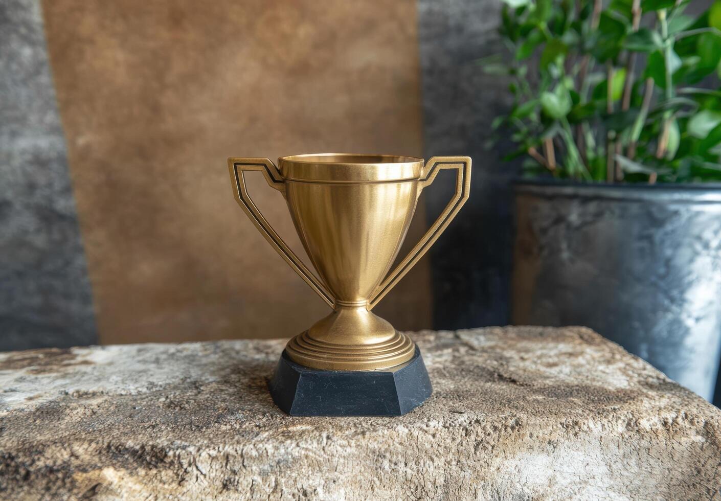 A gold trophy sits on a stone surface, symbolizing success and achievement photo