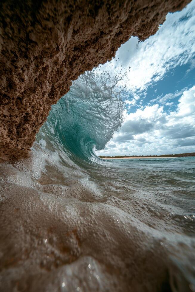 A wave crashing near a rocky shore on a sunny day photo