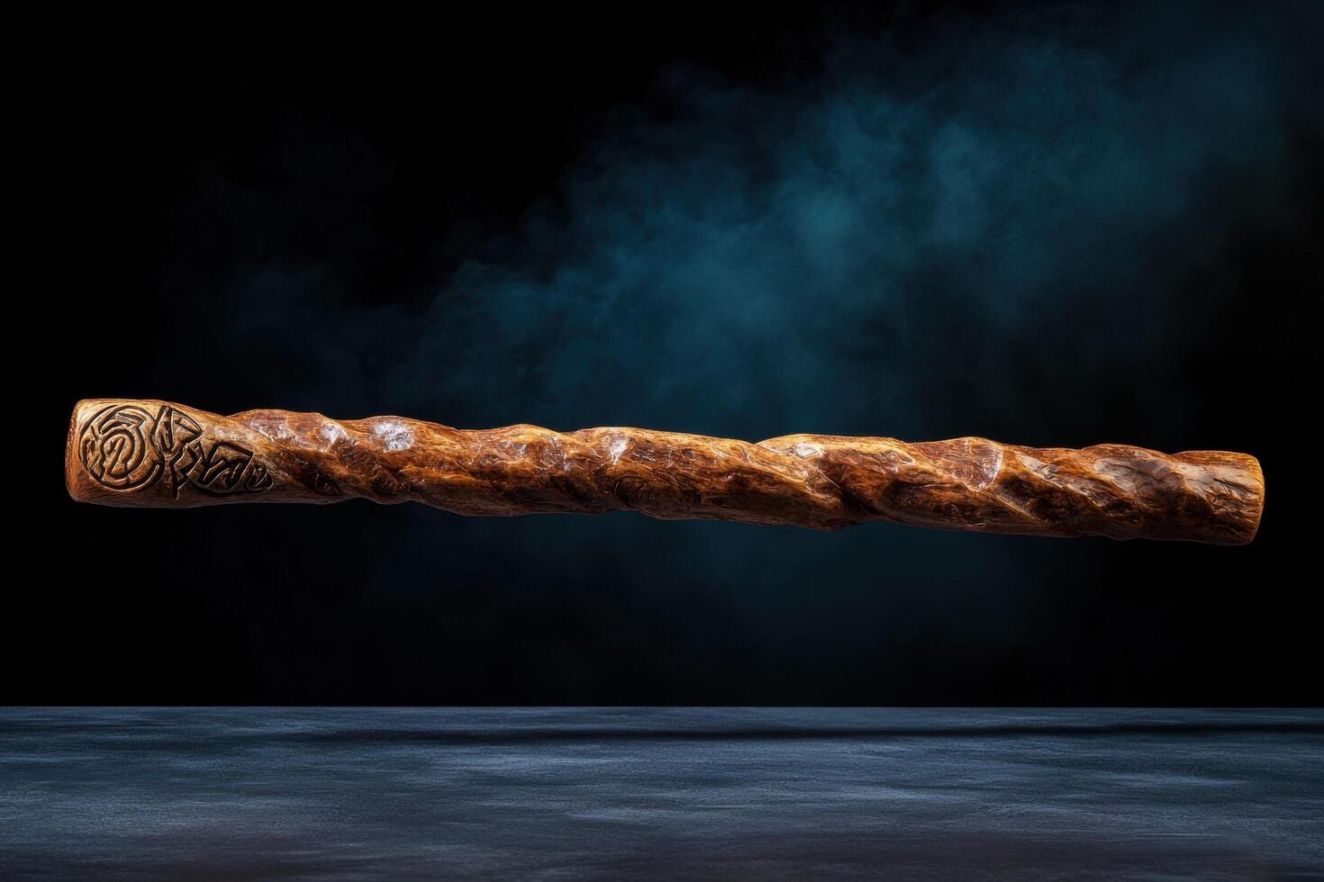 A gnarled wooden staff with carved symbols floats in a dark, mystical setting photo