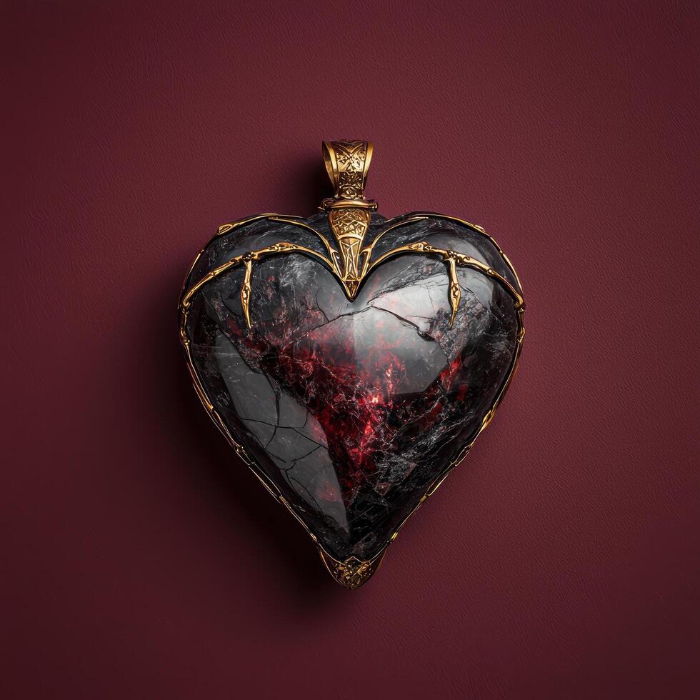 A heart shaped pendant with a dark, fiery core photo