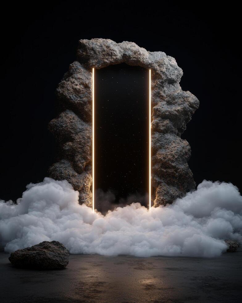 Mystical portal surrounded by clouds and rocks leading to another dimension photo