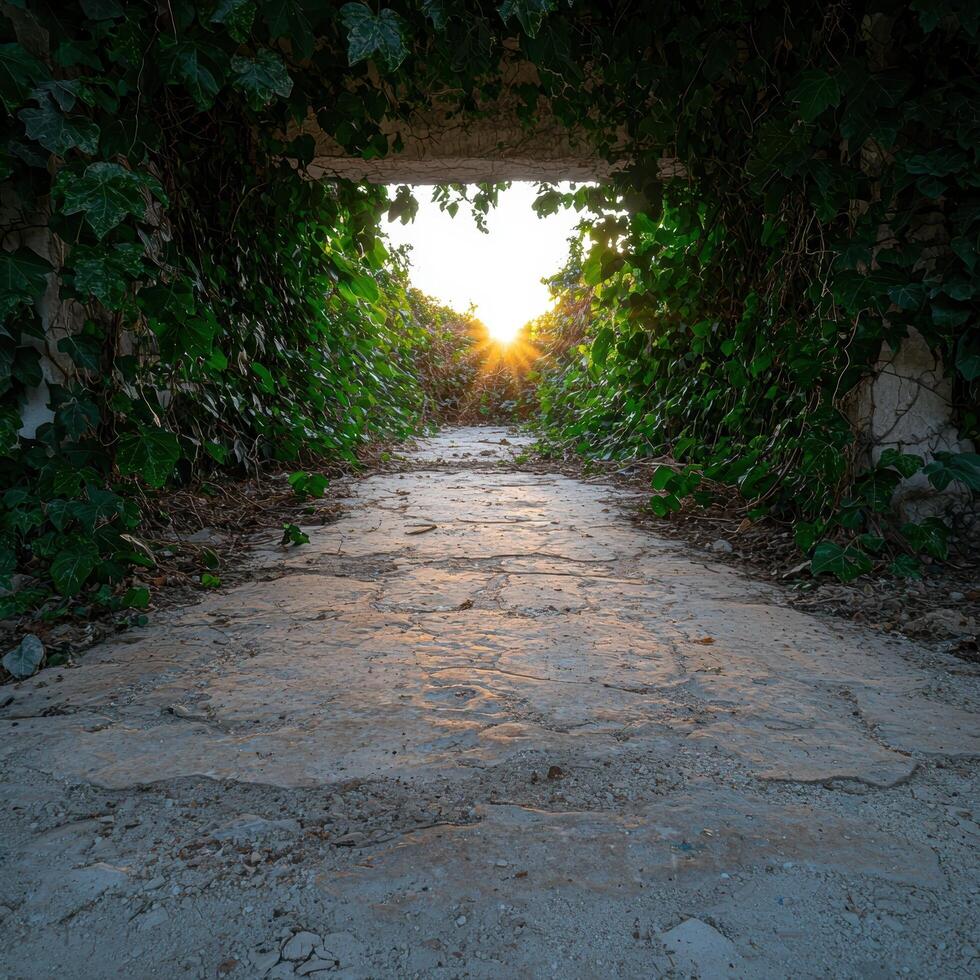 A stone path leads through an ivy covered tunnel towards the sunlight photo