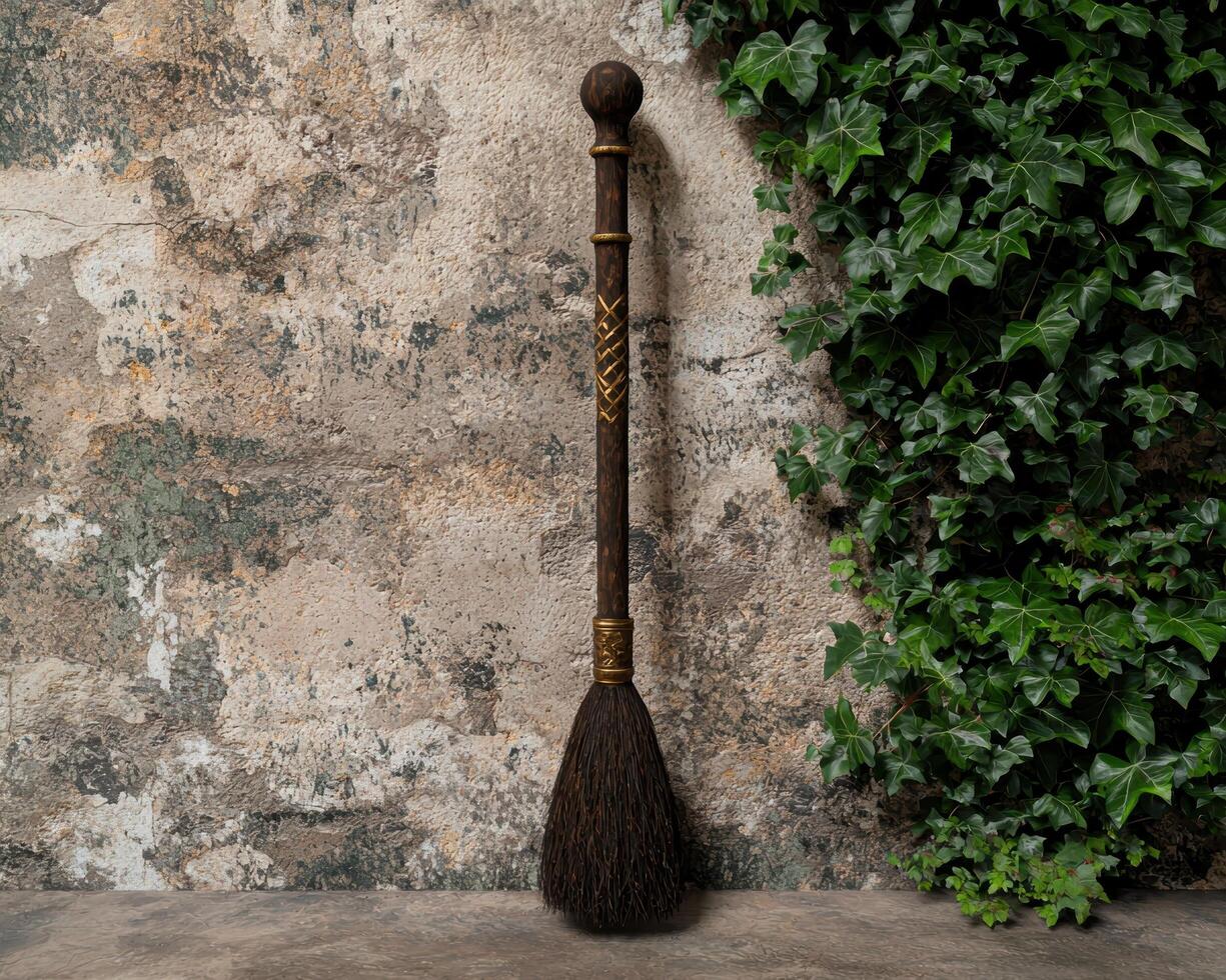 A witchs broom leaning against a textured wall with ivy photo