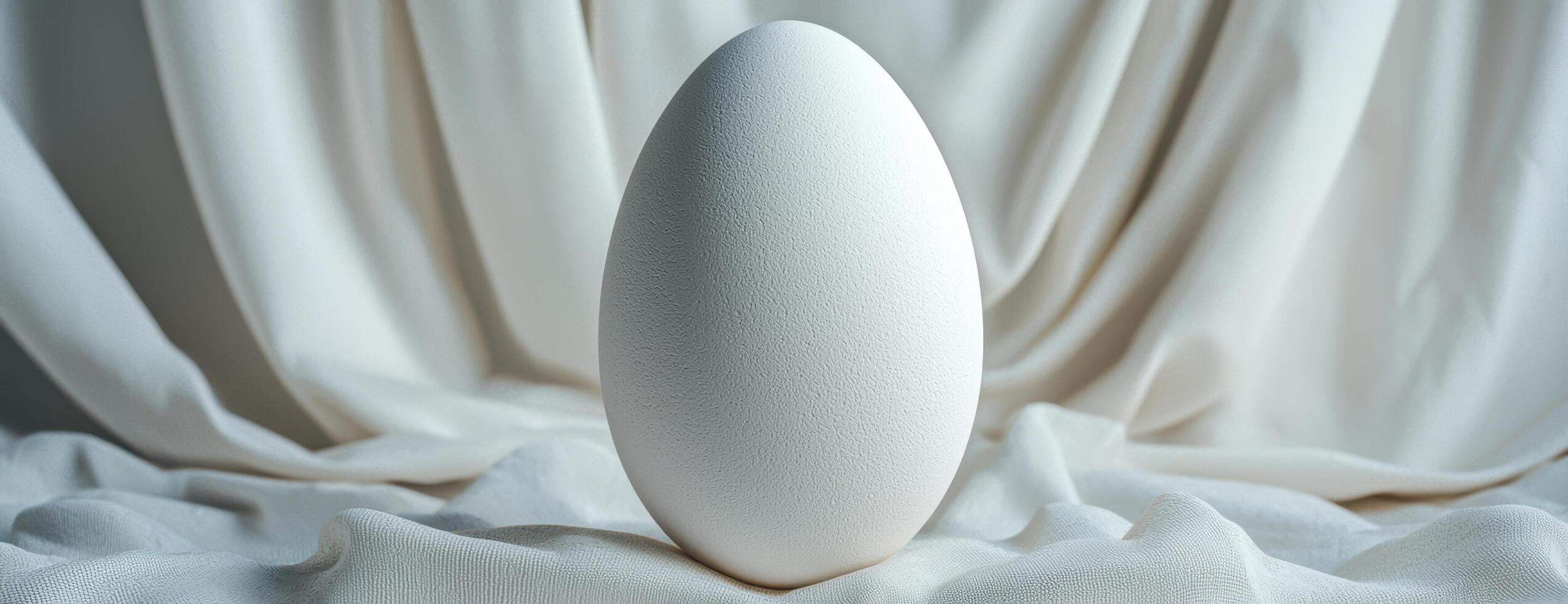 A white egg standing on white fabric photo
