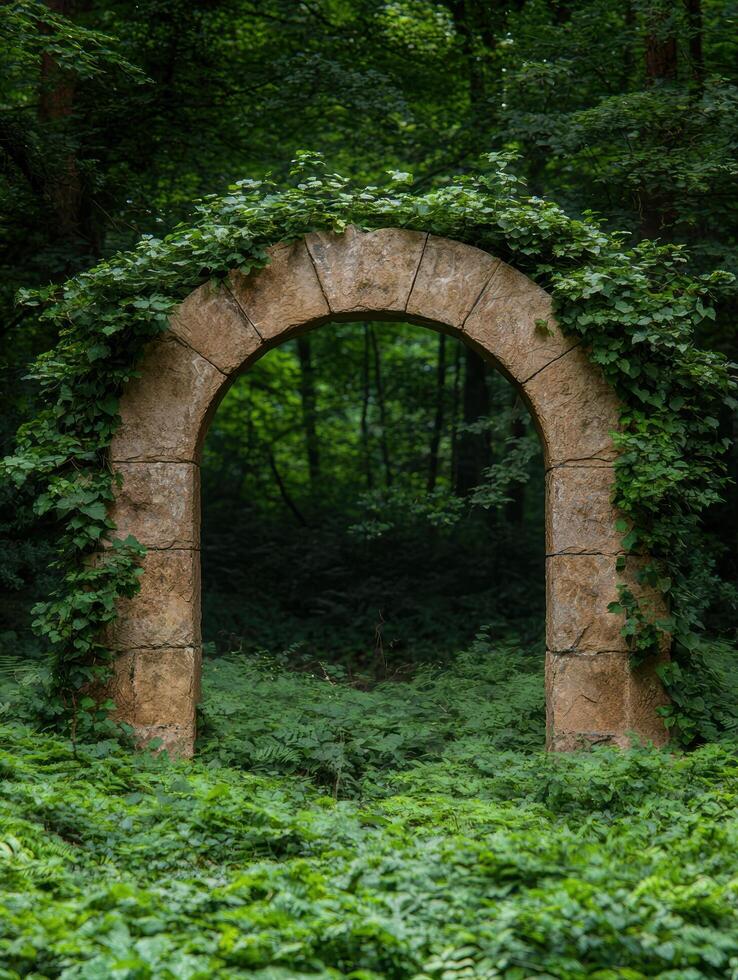 Stone archway covered in ivy in a lush green forest photo