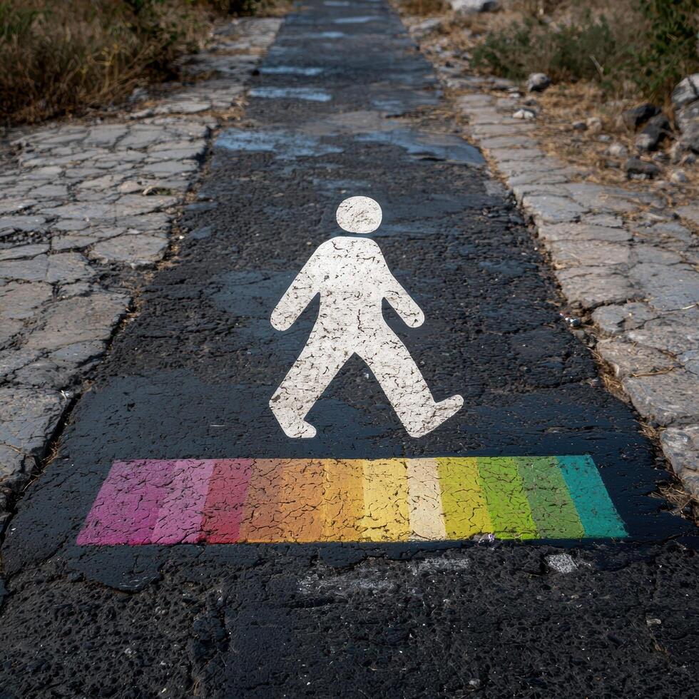 Pedestrian crossing with rainbow colors and a walking person symbol photo
