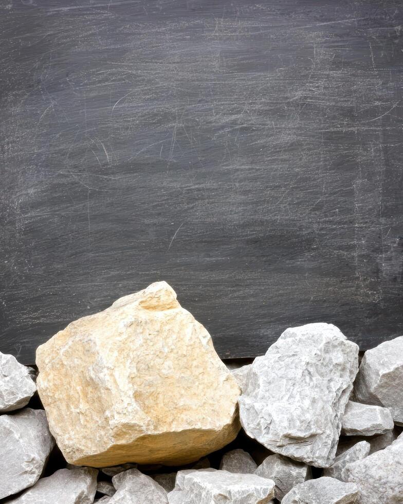 A pile of rocks in front of a dark background photo