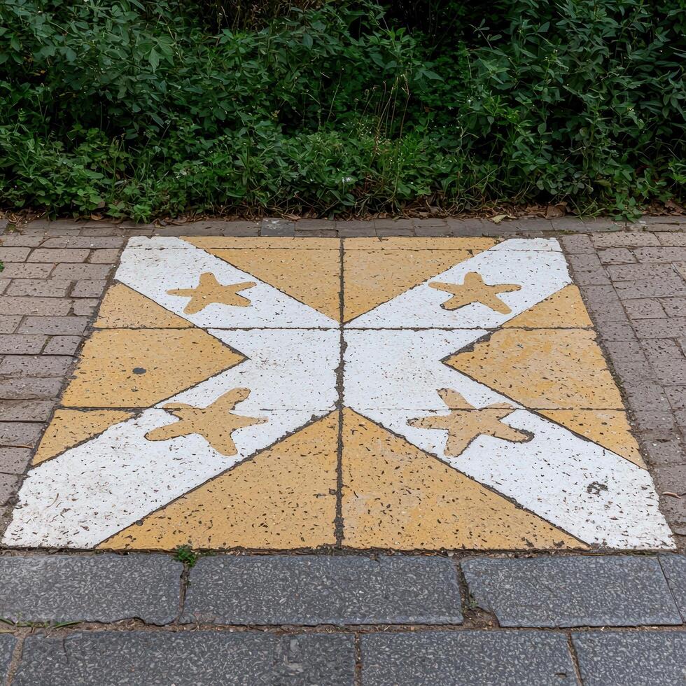 A decorative tile pattern with stars on a sidewalk photo