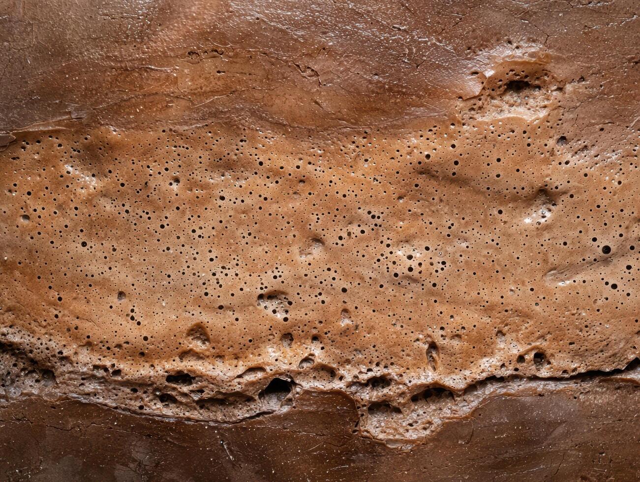 Close up of a porous brown surface with small holes and a glossy texture photo