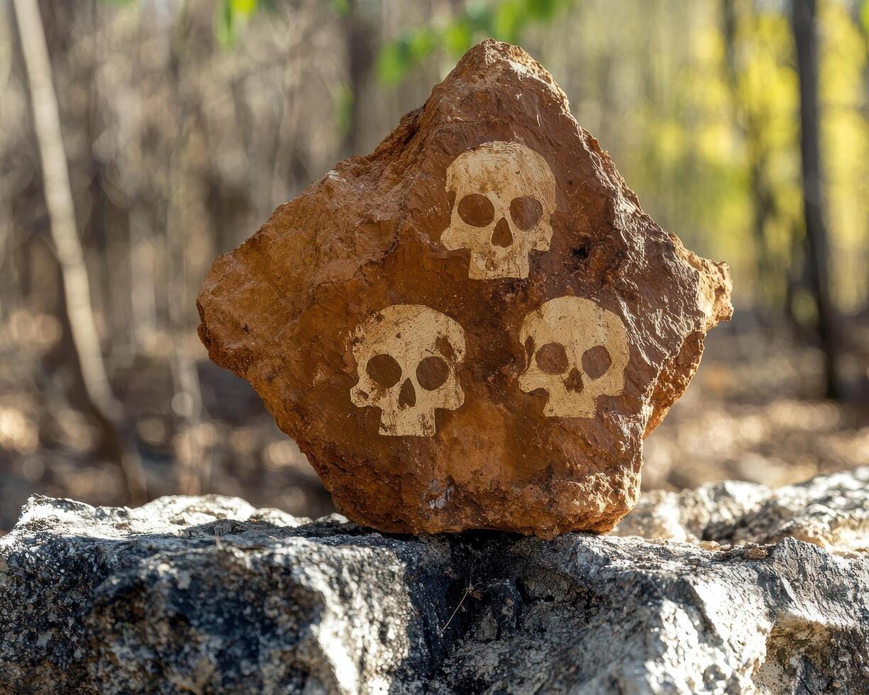 A rock with skull drawings sits in a forest photo