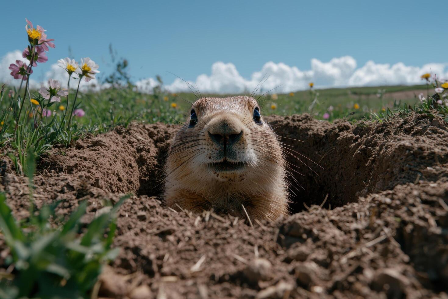 A prairie dog peeks out of its burrow on a sunny day photo