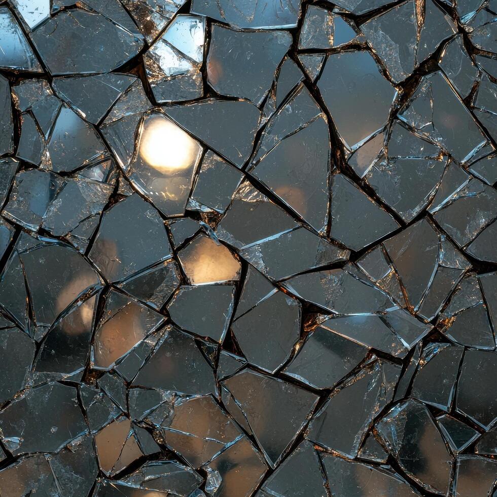 Abstract background of shattered glass pieces reflecting light photo