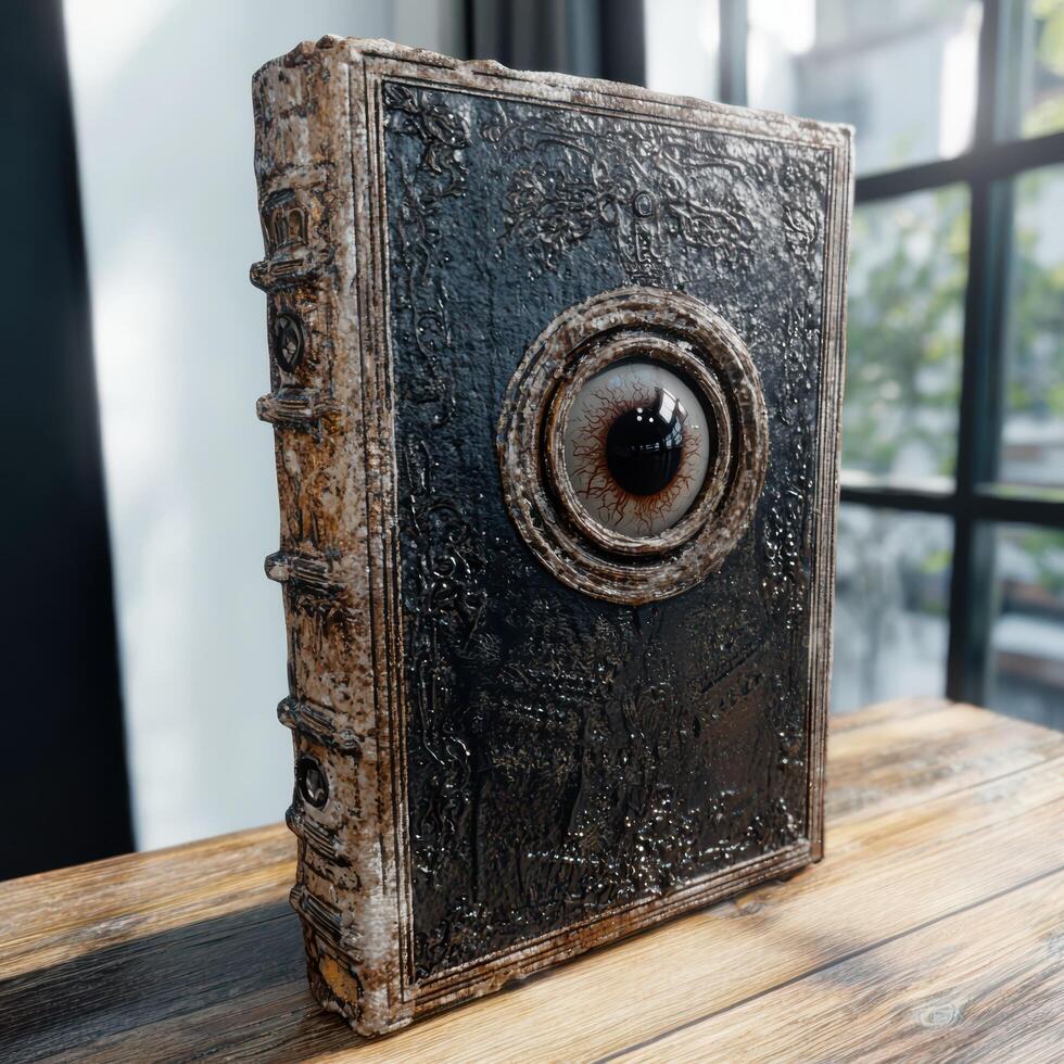 A mysterious spellbook with an eye on the cover photo