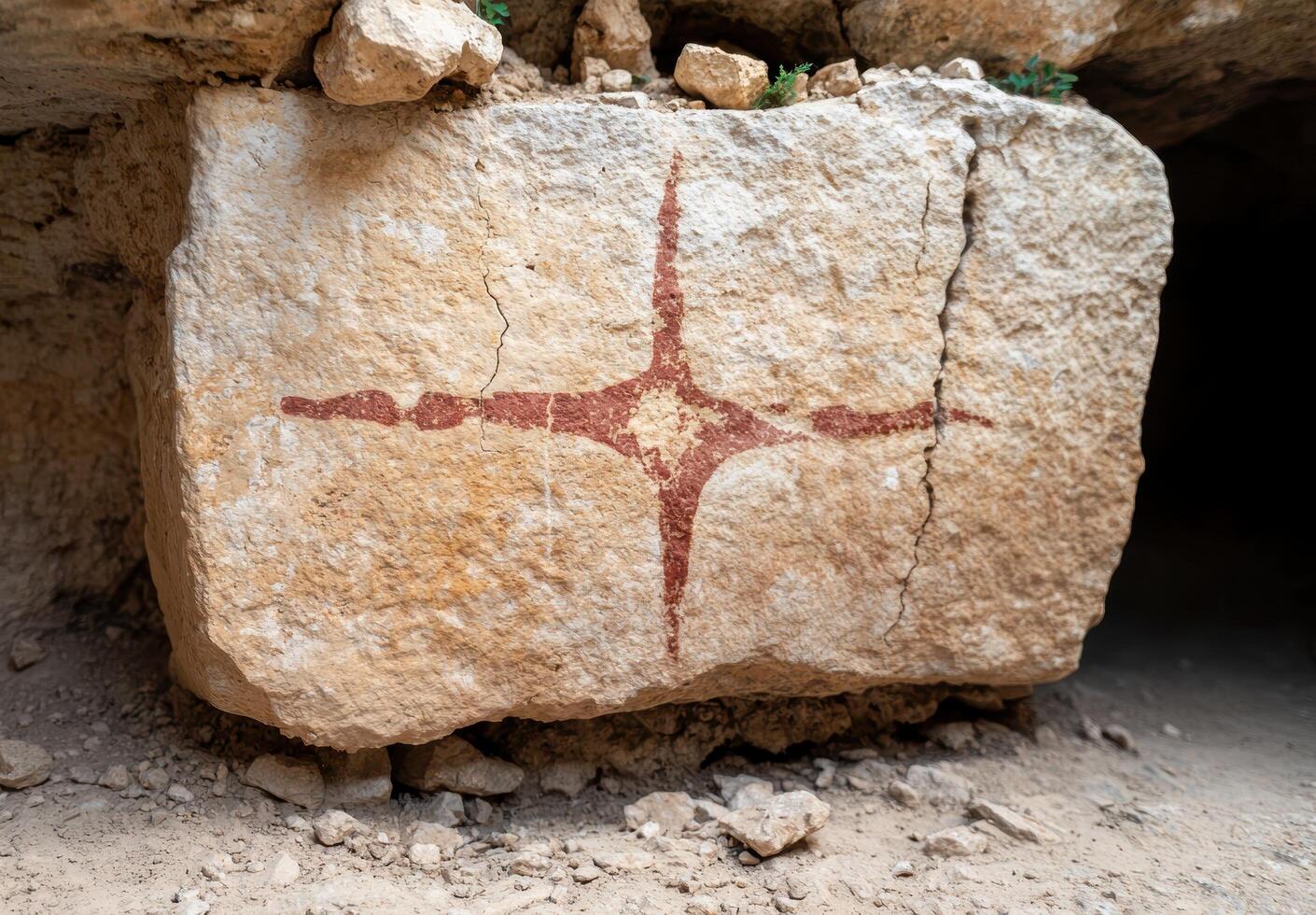 Ancient stone block with a cross symbol photo