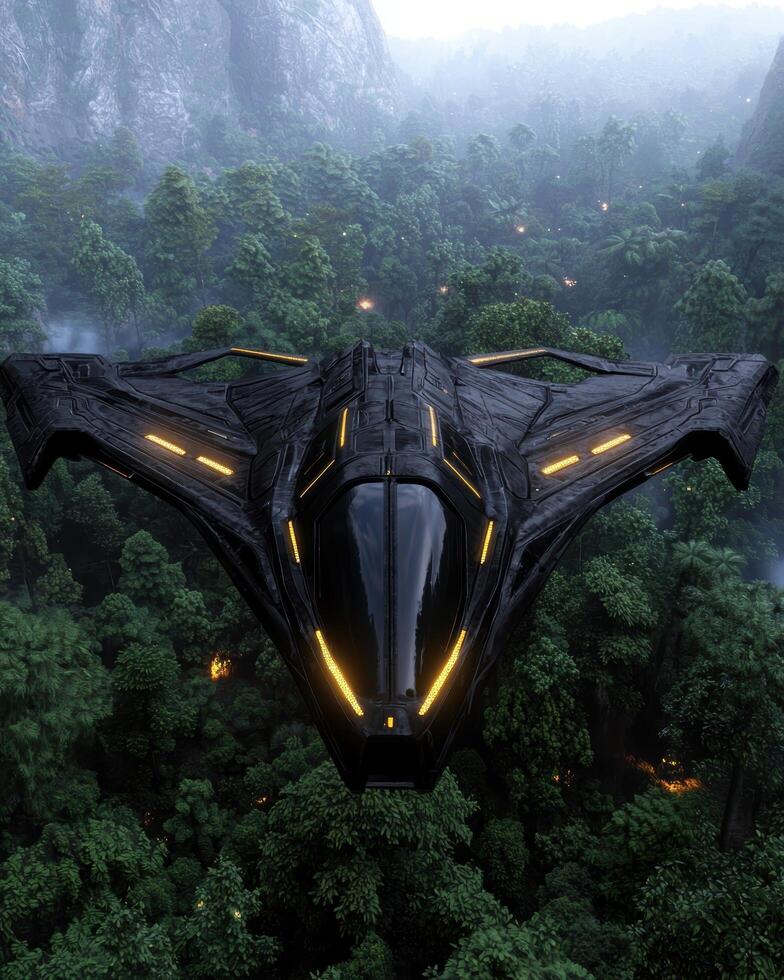 Futuristic spacecraft flying over a jungle landscape photo