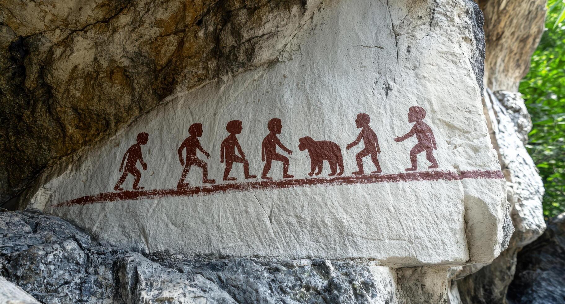 Ancient cave painting depicting figures and an animal on a rock wall photo