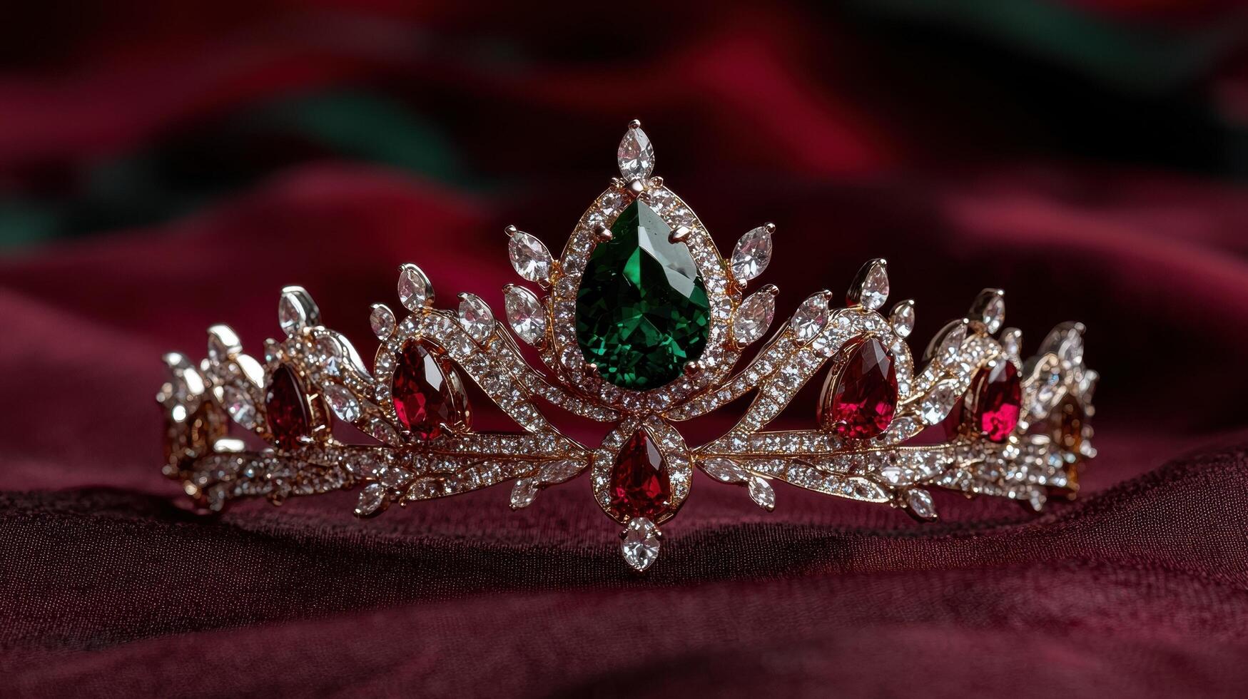 Elegant tiara with emerald and ruby gemstones on a red velvet background photo