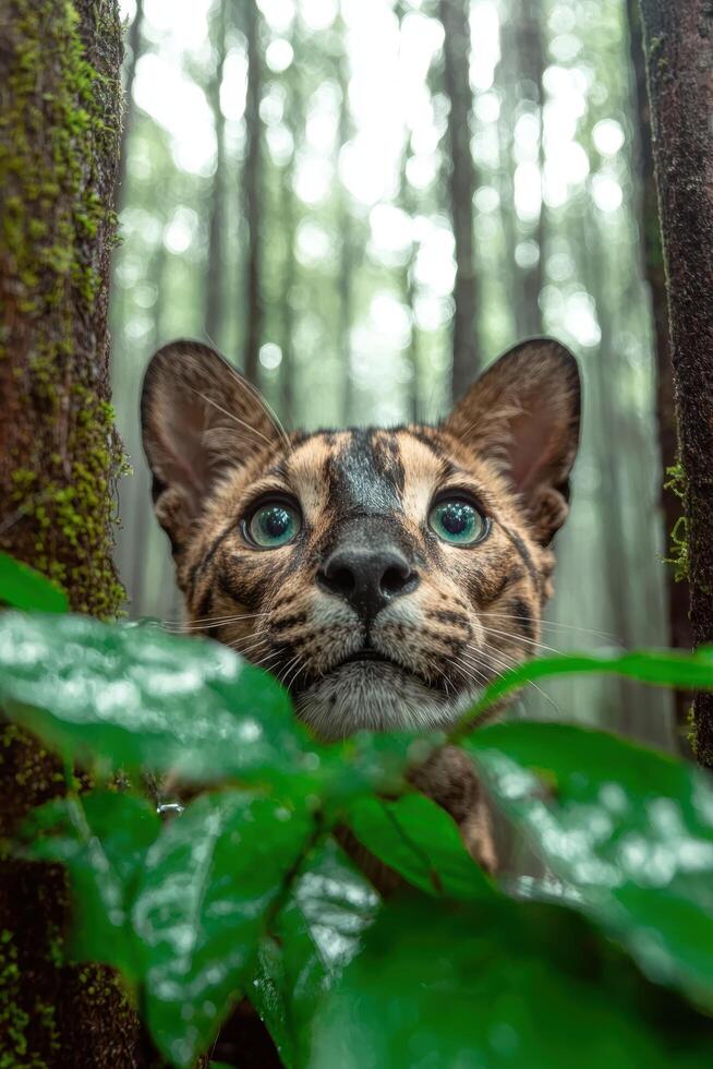 A wild cat peers out from the jungle foliage photo