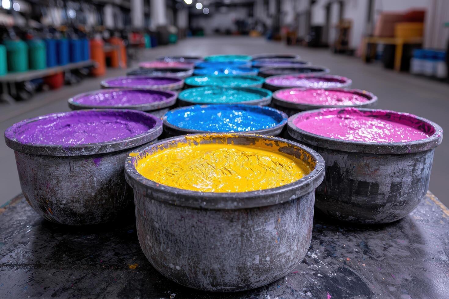 Colorful paint in metal containers in a factory setting photo