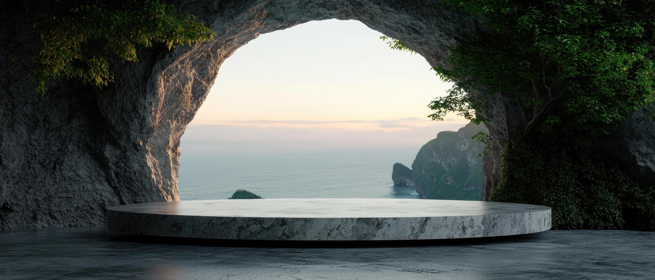 A stone platform in a cave overlooking the ocean photo
