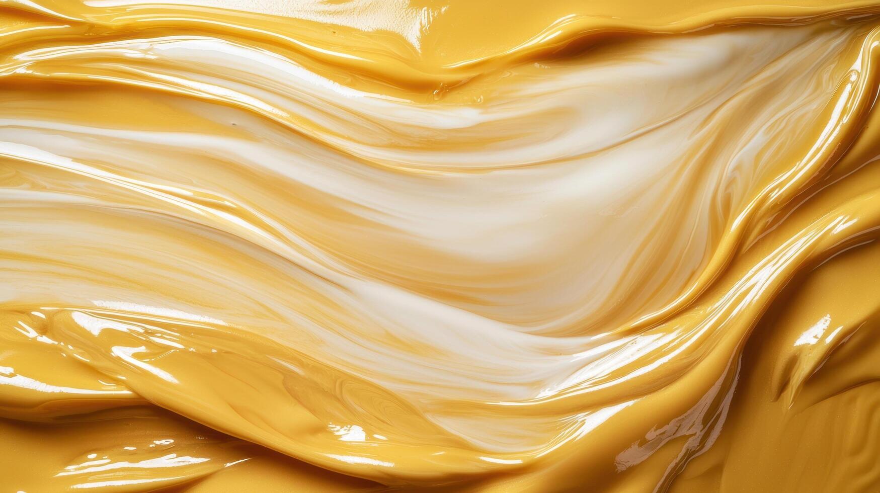 A close up of a creamy, golden yellow substance with white swirls photo