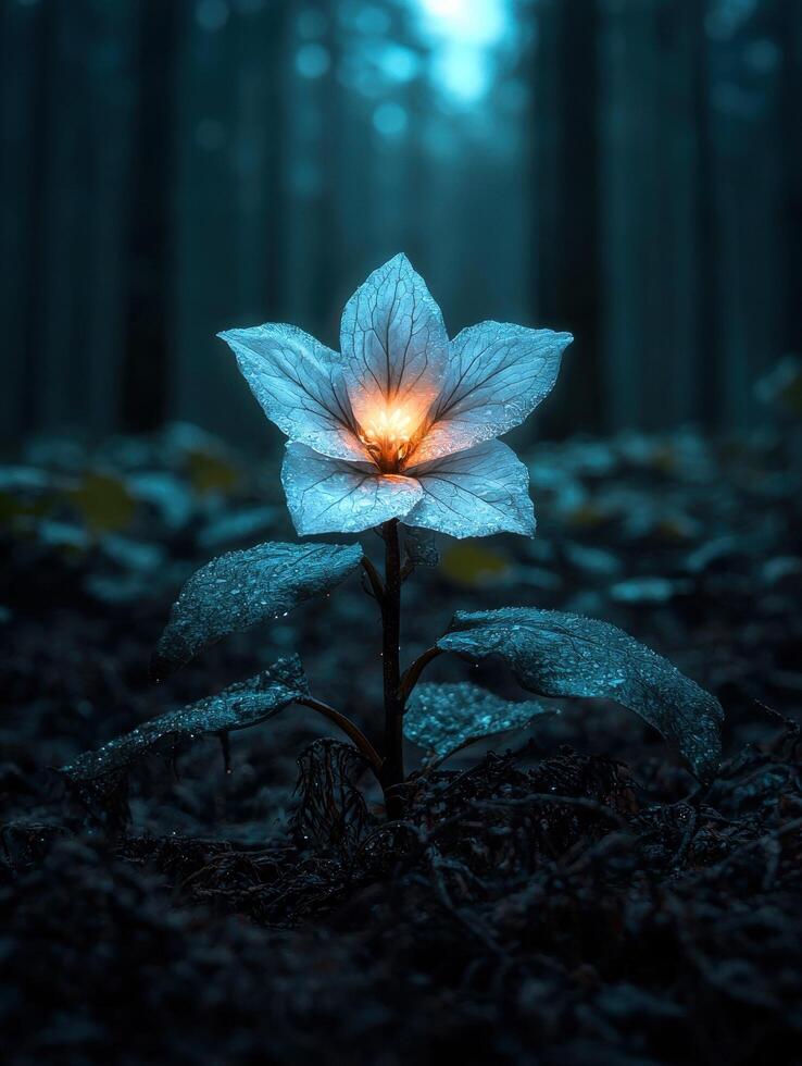 A glowing flower blooms in a dark forest photo