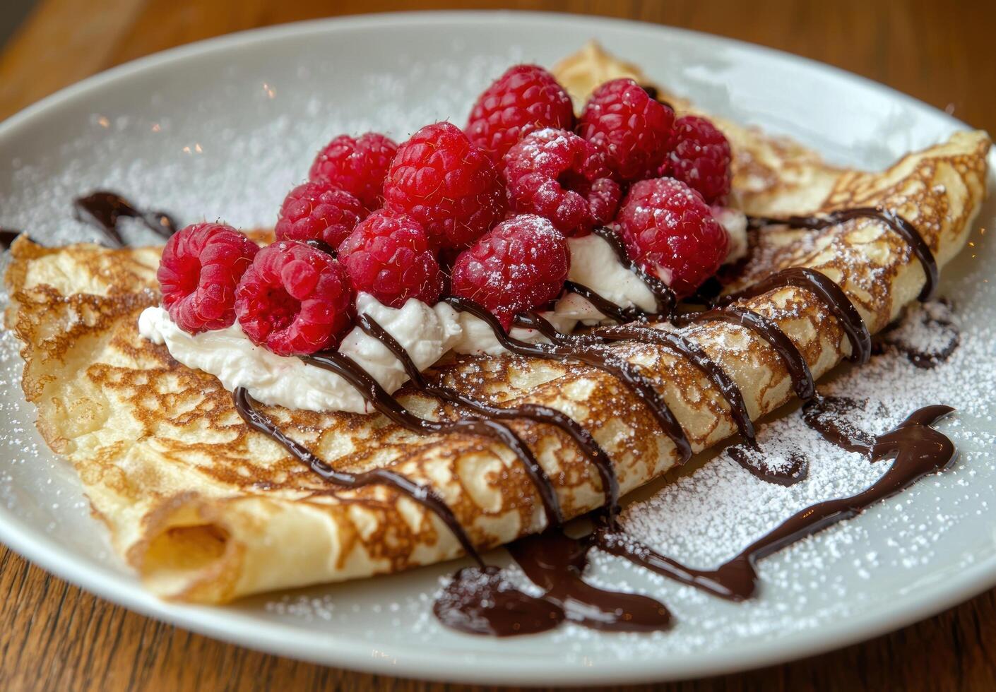 Crepe with raspberries, cream, and chocolate sauce photo