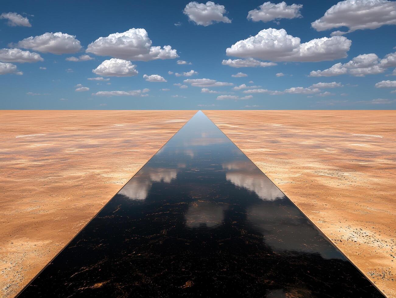 A striking image of a black reflective surface cutting through a desert landscape under a blue sky with clouds photo
