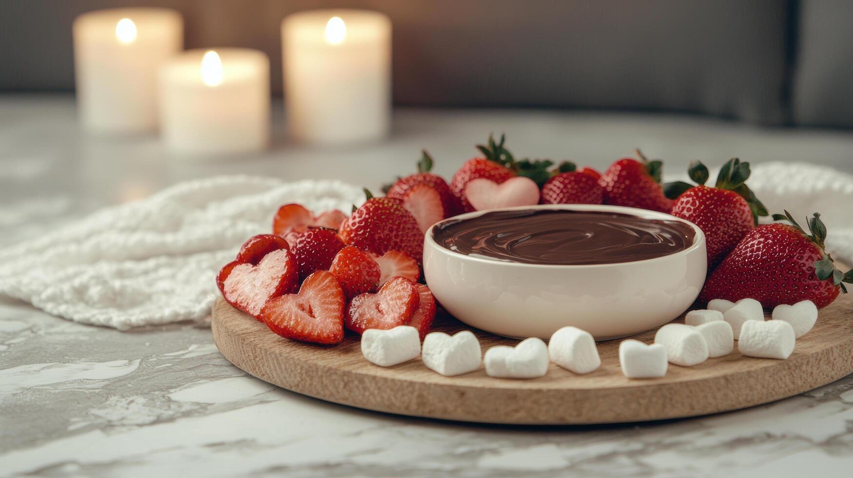 Romantic chocolate fondue with strawberries and marshmallows photo