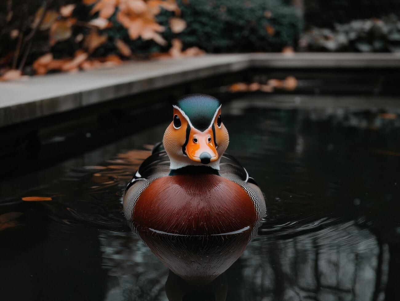 A colorful wood duck swimming in a pond photo