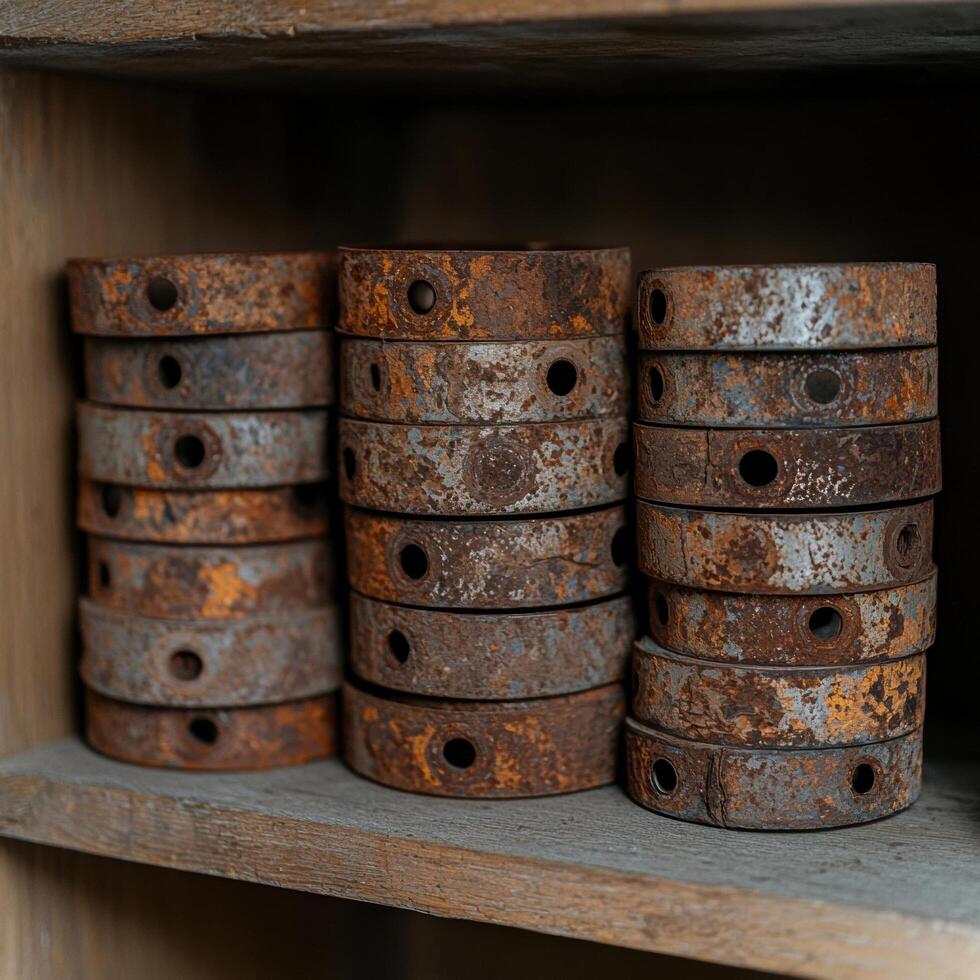 Stacks of rusty metal rings with holes on a wooden shelf photo