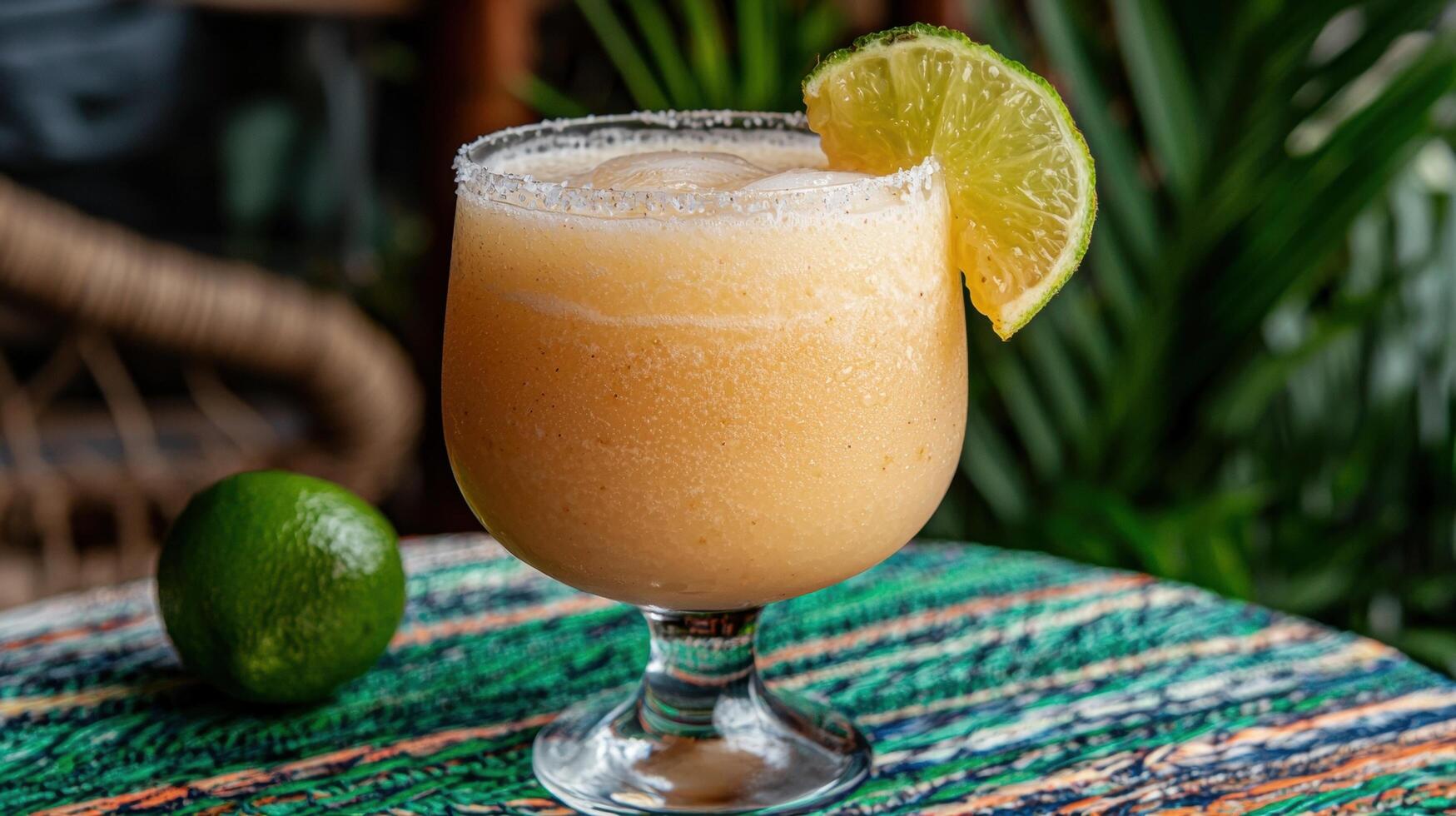 A refreshing frozen margarita with a lime wedge and salted rim photo