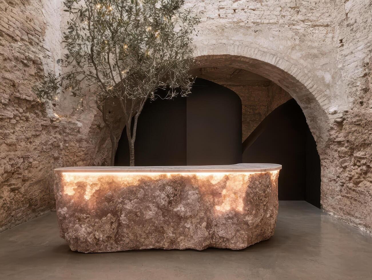 A modern reception desk made of stone in an old building photo