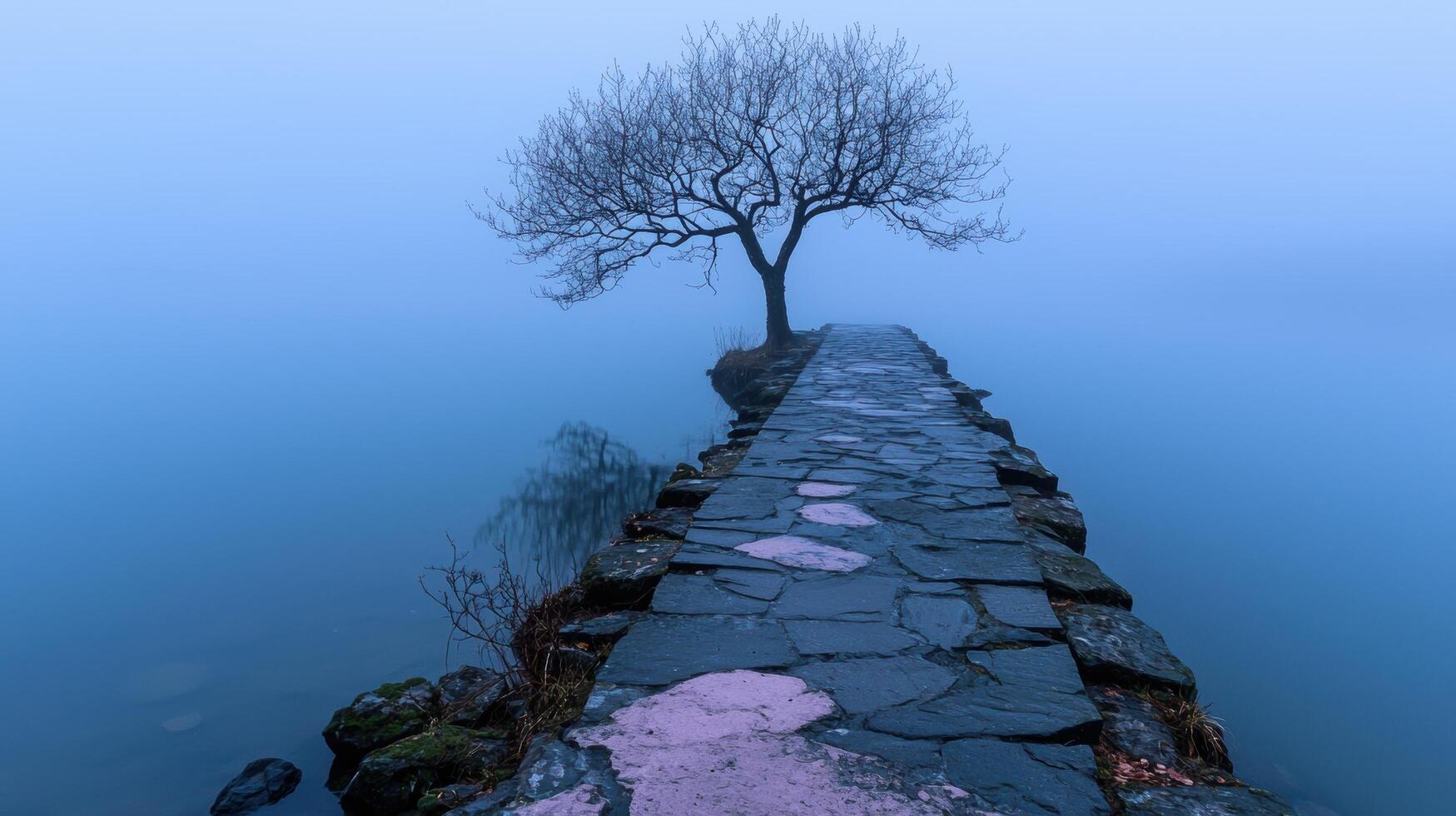 A stone path leads to a tree in the fog photo