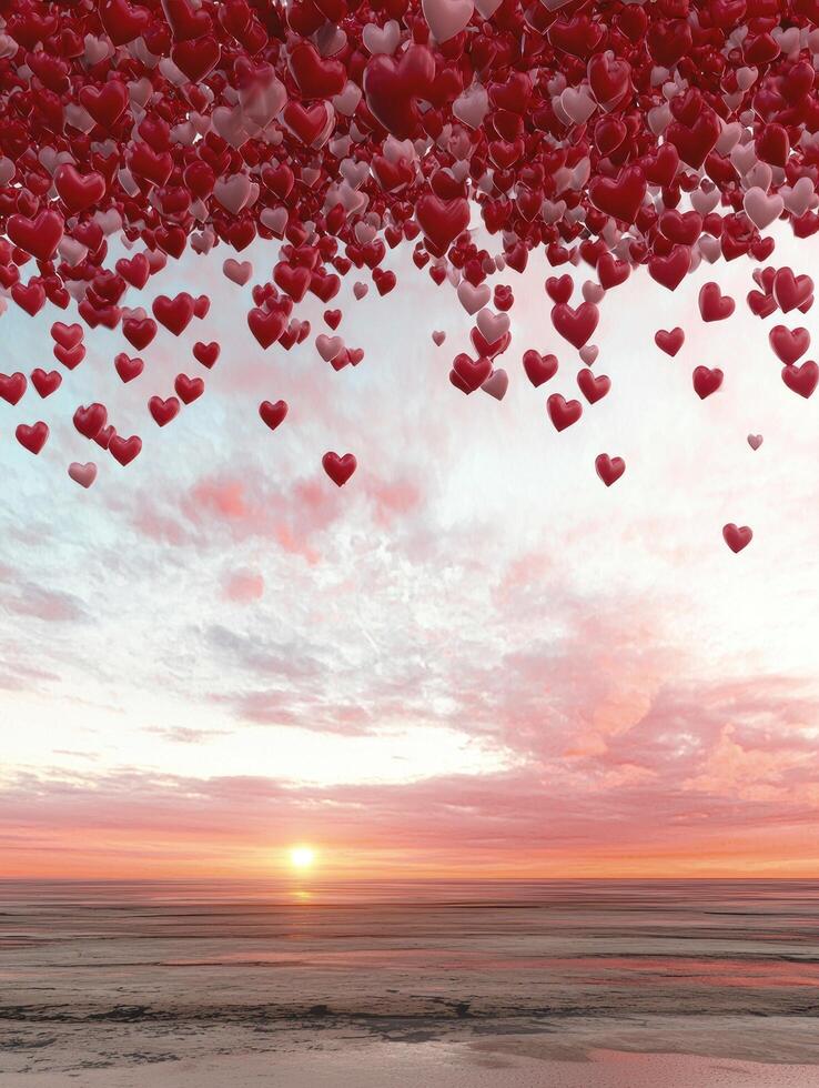 Romantic heart balloons floating over a sunset ocean photo