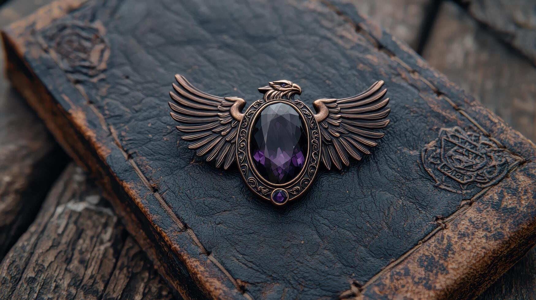 An eagle brooch with a purple gem on an antique leather book photo