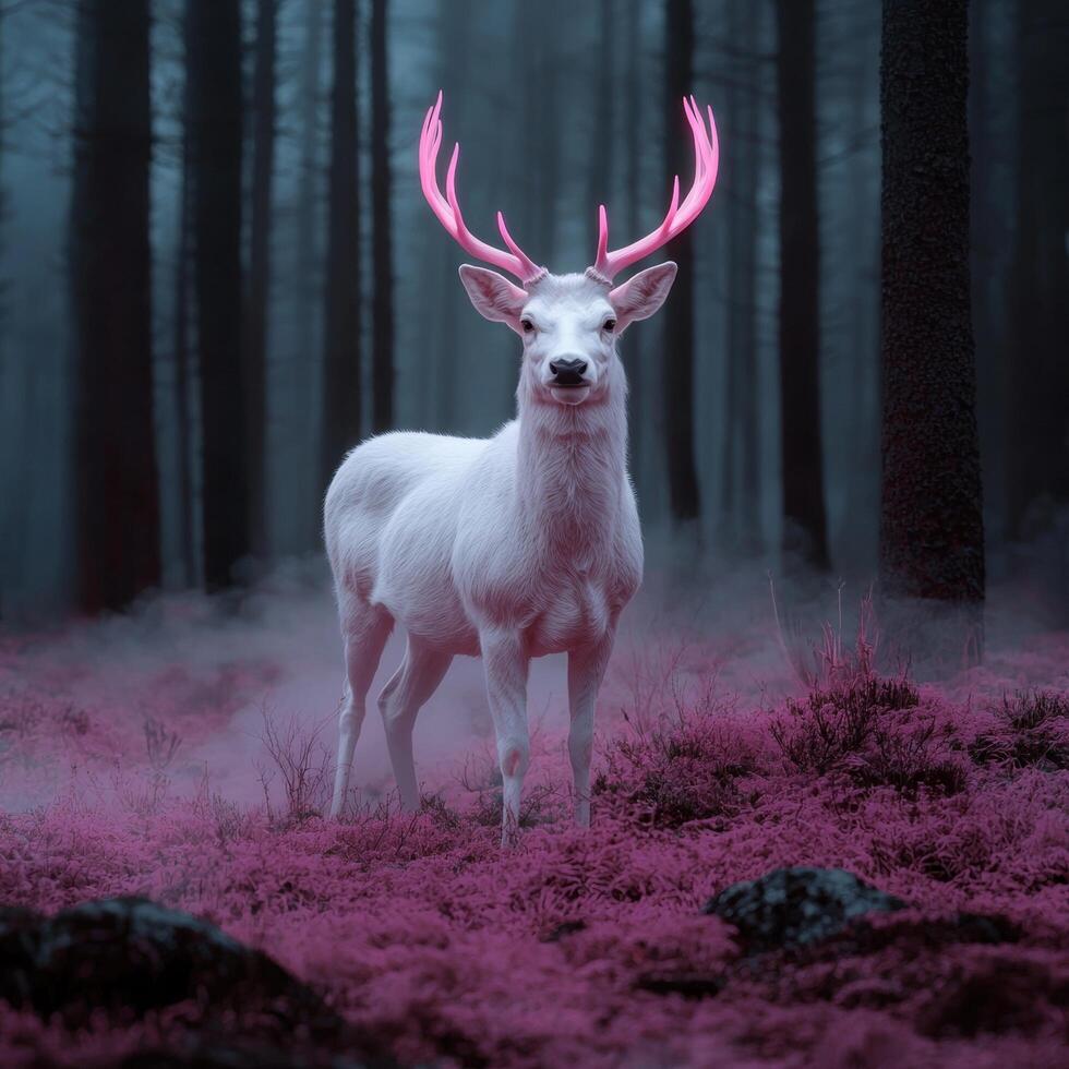 Albino deer with pink antlers in a misty forest photo