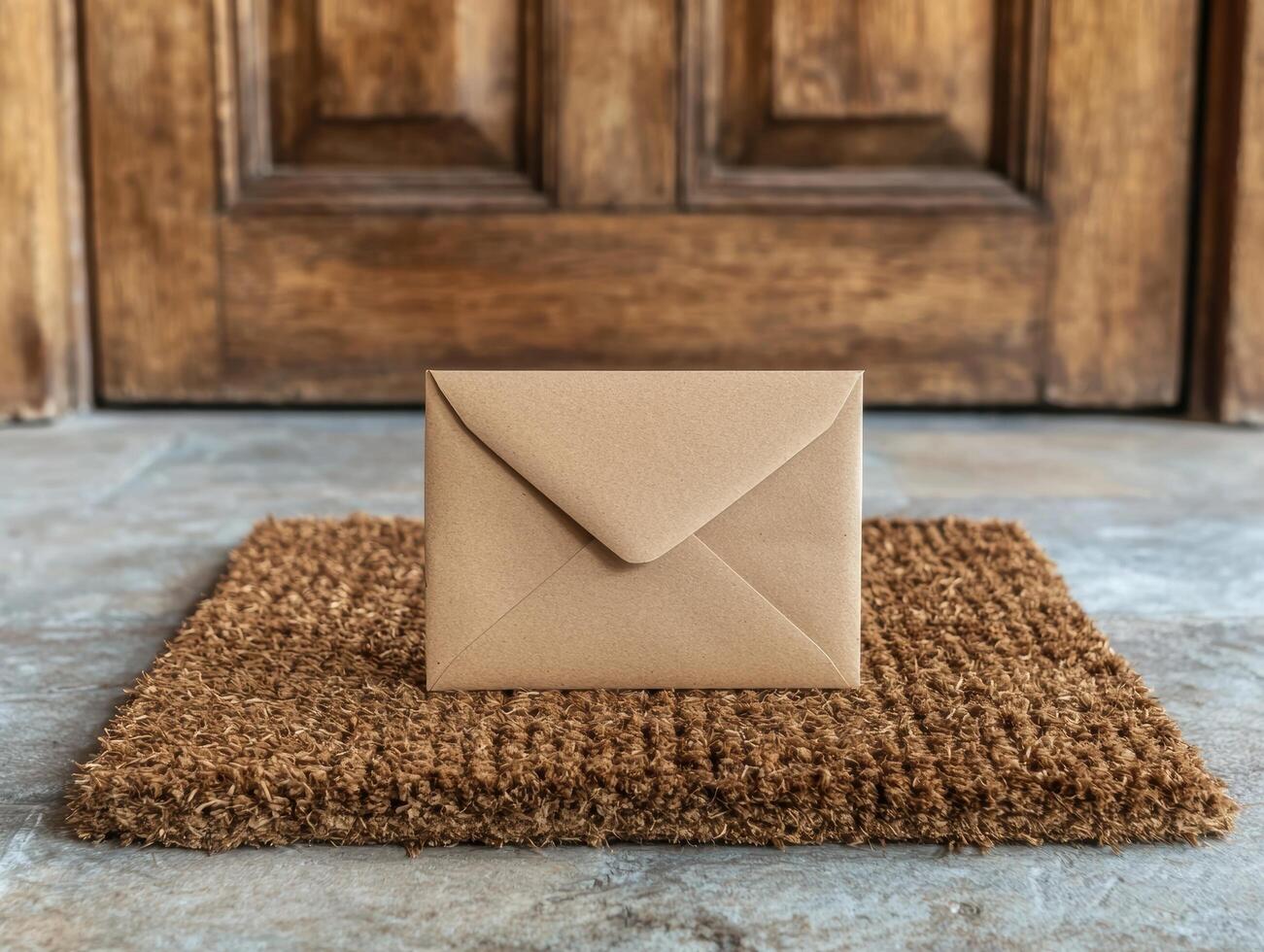 A brown envelope sits on a doormat outside a wooden door photo