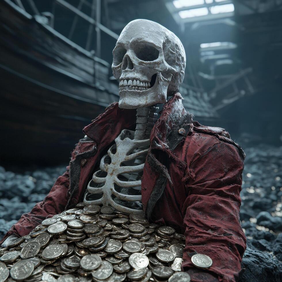 A skeleton in a red coat sits atop a pile of gold coins photo