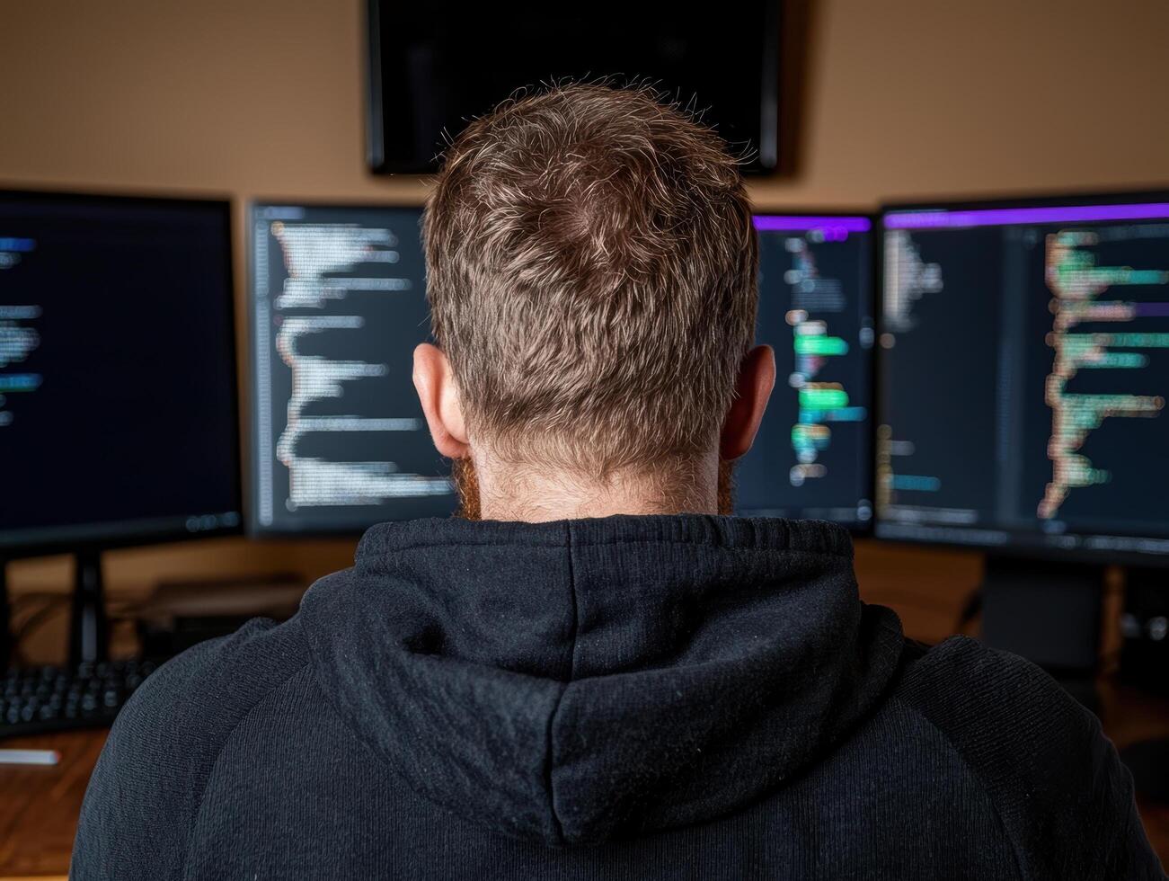 Software developer working on multiple monitors photo