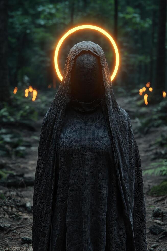 Mysterious figure in a dark forest with glowing halo photo