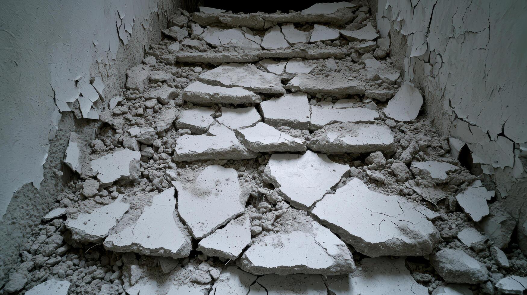 A crumbling staircase in an abandoned building photo