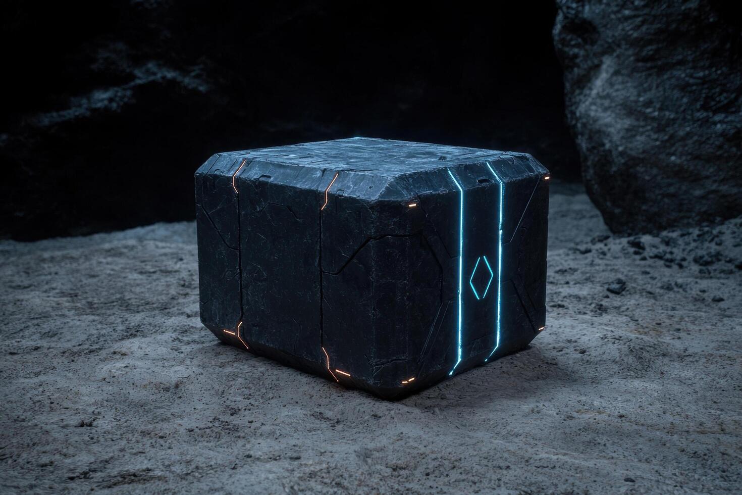 A futuristic cube with glowing lights sits on a sandy surface photo
