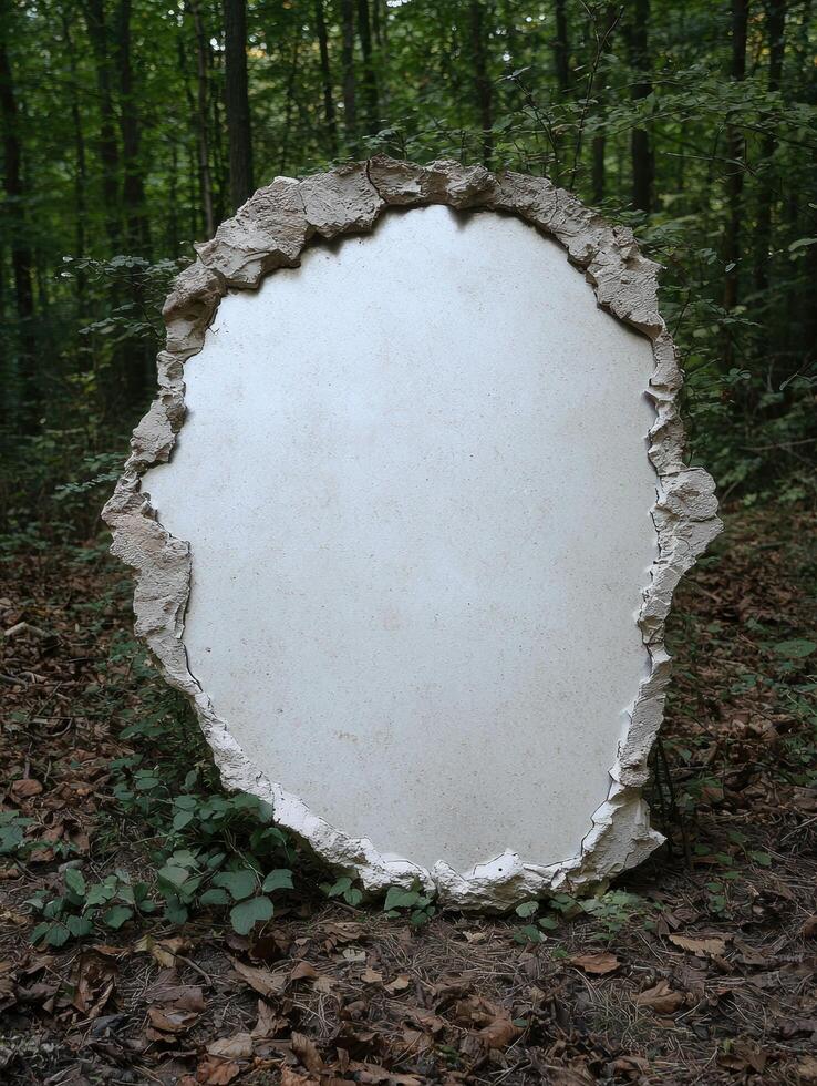 A blank sign with a rough border stands in a forest photo
