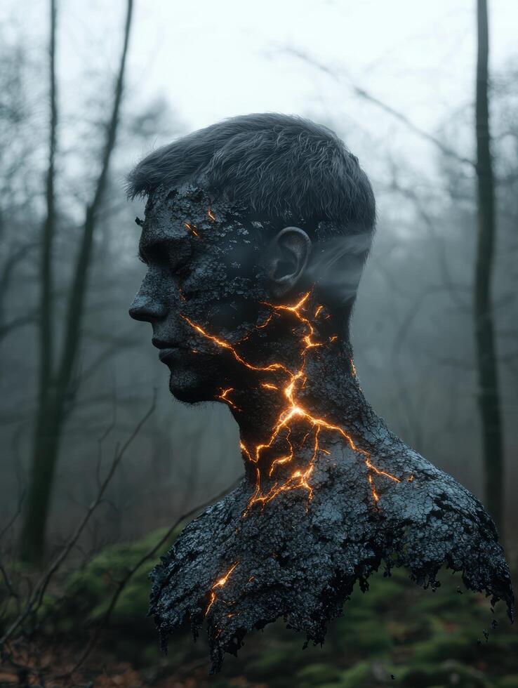 Man with cracks of light on his skin in a dark forest photo